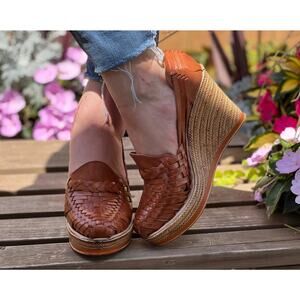 Leather Mexican Wedge Loafer Sandals Woman Huaraches Chedron Boho Hippie Sz 9
